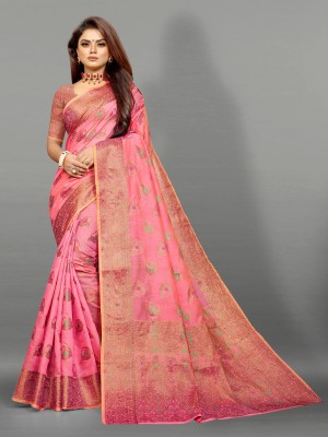 NIYAMI Printed, Self Design, Woven, Floral Print Banarasi Jacquard, Cotton Silk Saree(Pink)
