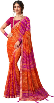 REBOOT FASHIONS Embellished Bandhani Chiffon Saree(Pink, Orange)