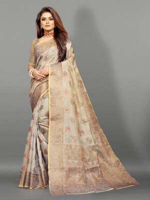 SKY VISION CREATION Self Design, Temple Border, Woven, Floral Print Banarasi Jacquard, Art Silk Saree(Grey)