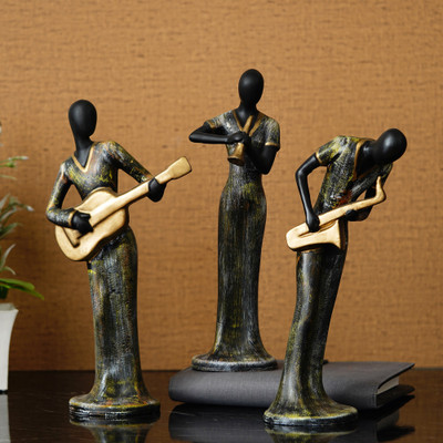 eCraftIndia Set of 3 Ladies Playing Musical Instruments Antique Finish Polyresin Showpiece Decorative Showpiece  -  35 cm(Polyresin, Grey)