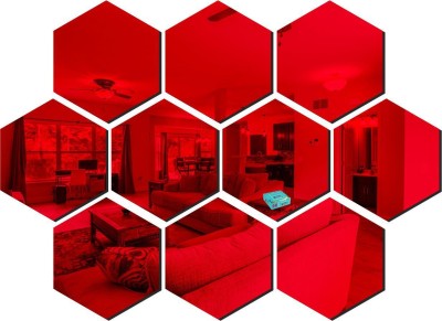 FUTURE HUB 45 cm 10 Hexagon Red wall mirrors|acrylic stickers|mirrors|wall mirror stickers|201 Self Adhesive Sticker(Pack of 1)