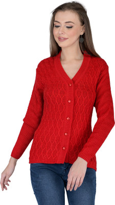 lady willington Self Design V Neck Casual Women Red Sweater