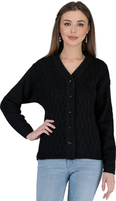 lady willington Self Design V Neck Casual Women Black Sweater