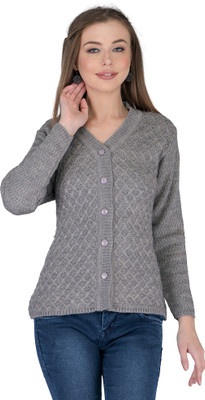 lady willington Self Design V Neck Casual Women Grey Sweater