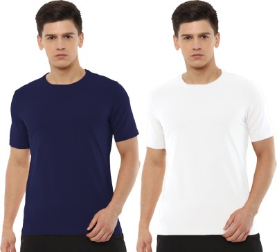 Organic Chics Solid Men Round Neck Dark Blue, White T-Shirt