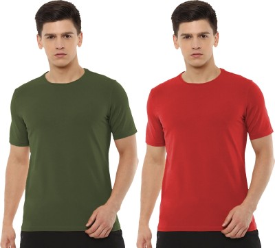 Organic Chics Solid Men Round Neck Light Green, Red T-Shirt