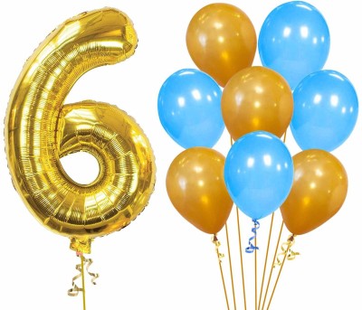 Party Propz Solid 6th Birthday Decorations Kit For Baby Boy With Number 6 Foil Balloon and Gold Blue Metallic Balloons Set 9Pcs for Kids Boy Party Supplies Balloon(Multicolor, Pack of 9)