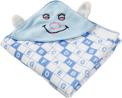 BABY ZONE Checkered, Text Print Single Hooded Baby Blanket for  AC Room(Microfiber, Sky Blue)