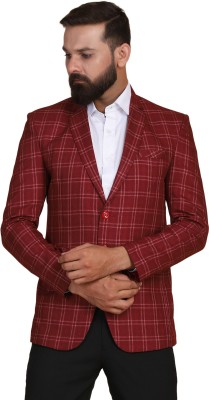 TAHVO Checkered Single Breasted Formal Men Blazer(Red)