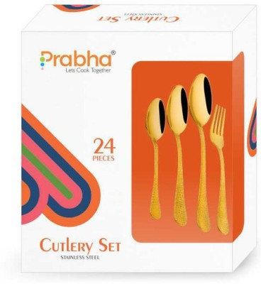 PRABHA 24 Pcs Royal Hammered Print Cutlery Set With Box Stainless Steel Spoons Set, Spoon & Fork (Contains: 6 Table Spoons, 6 Tea Spoons, 6 Table Forks, 6 Dessert Spoons), Silver Stainless Steel Cutlery Set(Pack of 24)