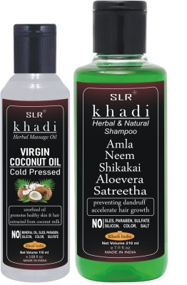 SLR Khadi Cold Pressed Virgin Coconut Oil + Khadi Amla Neem Shikakai Aloevera Satritha Shampoo Anti Dandruff SLS and Paraben Free Hair Oil(330 ml)