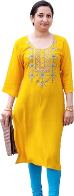 Chaukas Women Embroidered Straight Kurta(Yellow)