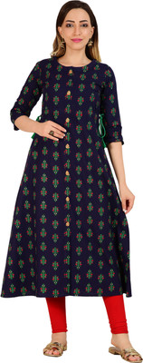 METAFAB Women Floral Print Frontslit Kurta(Dark Blue)