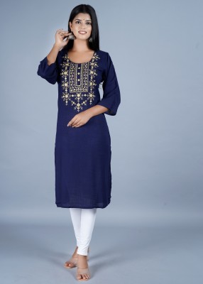 Chaukas Women Embroidered Straight Kurta(Blue)