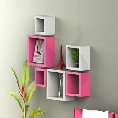 ONLINECRAFTS wooden wall shelf Wooden Wall Shelf(Number of Shelves - 6, White, Pink)