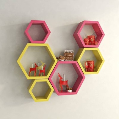 KHUSUBHDECOR Wooden Wall Shelf(Number of Shelves - 6, Yellow, Pink)