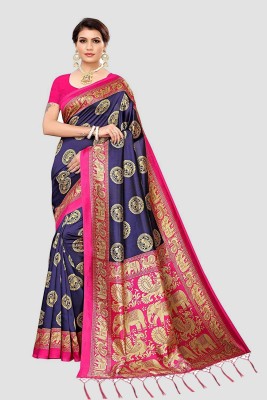 RUNAYA NX Printed Kalamkari Art Silk, Chanderi Saree(Blue)