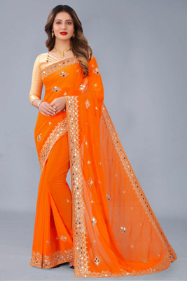 niseful Embroidered Banarasi Georgette Saree(Orange)