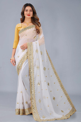niseful Embroidered Banarasi Georgette Saree(White)