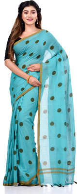 TANTLOOM Polka Print Handloom Cotton Blend Saree(Blue)