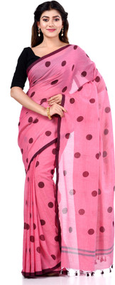 TANTLOOM Polka Print Handloom Cotton Blend Saree(Pink)