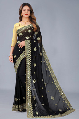 niseful Embroidered Banarasi Georgette Saree(Black)