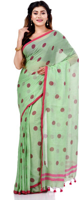 TANTLOOM Polka Print Handloom Cotton Blend Saree(Green)