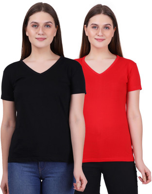 Fleximaa Solid Women V Neck Red, Black T-Shirt
