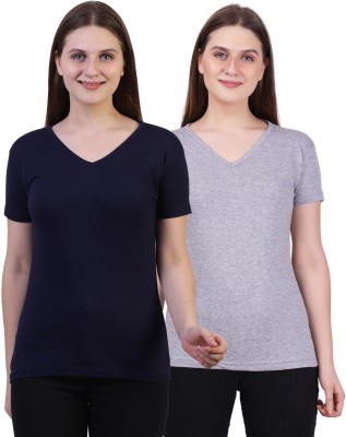 Fleximaa Solid Women V Neck Blue, Grey T-Shirt