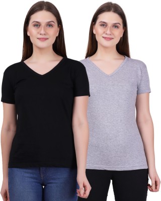 Fleximaa Solid Women V Neck Black, Grey T-Shirt