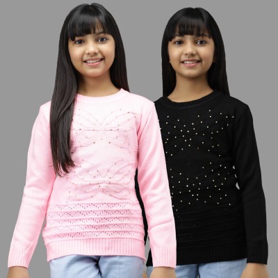 Fit N Fame Embellished Round Neck Casual Girls Black, Pink Sweater