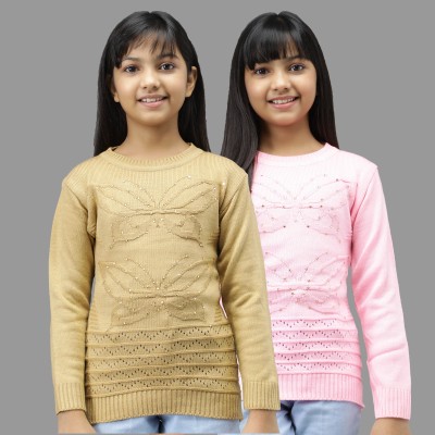 Trendy World Embroidered, Embellished Round Neck Casual Girls Beige, Pink Sweater