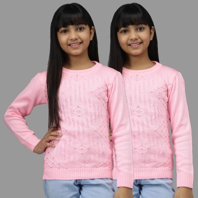 Trendy World Embroidered Round Neck Casual Girls Pink Sweater