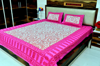 RGM Collection 120 TC Cotton Double Jaipuri Prints Flat Bedsheet(Pack of 1, Pink)