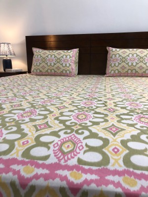 Indieroots By Rene 140 TC Cotton Double Printed Flat Bedsheet(Pack of 1, Yellow, Pink, Green)