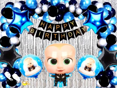 SV Traders Baby Booss Theme Birthday Decoration/Chiller Party Theme/Boys Birthday Combo Of 70 Pcs-Black Bunting Banner(13)+Silver Foil Curtain(2)+Boss Baby Foil Set Of 5+Black Foil Star(2)+Metallic HD Balloons Blue(15)+Black(15)+Silver(15)+Balloon Glue Dots 100(1)+Balloon Garland Arch(1)+Balloon Cur