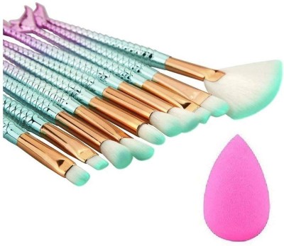 VARFAX Women's & Girl's Mermaid Makeup Brushes Set With One Pink Beauty Blender(Pack of 10)