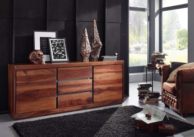 G Fine Furniture Sheesham Wood Wooden Sideboard Cabinet For Living Room | Solid Pure Wood Kitchen Side Board With 3 Drawers & 2 Door Cabinet Storage For Home Solid Wood Free Standing Sideboard(Finish Color - Natural Finish, Door Type- Hinged, Pre-assembled)