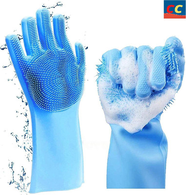 CrowdClicks Silicone Scrubbing Gloves | Dishwashing Gloves with scrubber, Silicone Cleaning Reusable Scrub Gloves for Wash Dish,Kitchen, Bathroom Wet and Dry Glove Set Wet and Dry Glove(Large)