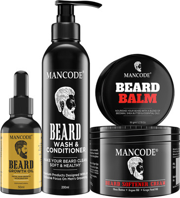MANCODE Beard Growth Oil, 50ml, Beard Wash & Conditioner,200ml, Beard Balm, 50gm and Beard Softer Cream, 100gm, COMBO OF 4(4 Items in the set)
