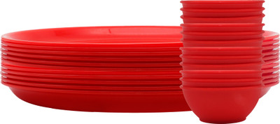 Jaycee Pack of 12 Plastic BPA Free Microwave Safe & Unbreakable Round Full Dinner Plates & Bowls Dinner Set(Red, Microwave Safe)
