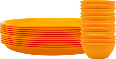 Jaycee Pack of 12 Plastic BPA Free Microwave Safe & Unbreakable Round Full Dinner Set Plates & Bowls Dinner Set(Orange, Microwave Safe)