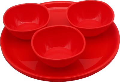 Jaycee Pack of 3 Plastic BPA Free Microwave Safe & Unbreakable Round Full Dinner Set Plates & Bowls Dinner Set(Red, Microwave Safe)