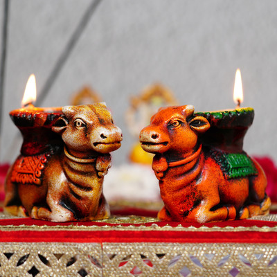 LUPAAVA Diyas For Home Decorations - Diyas Nandi Shape For Home Decor Terracotta (Pack of 2) Table Diya Set(Height: 3 inch)