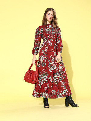 Berrylush Women A-line Maroon Maxi/Full Length Dress