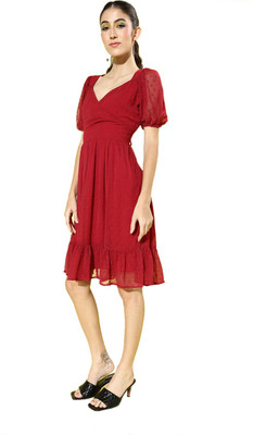 Sera Women Fit and Flare Red Above Knee/Mid Thigh Length Dress