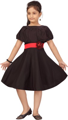 Aarika Girls Below Knee Party Dress(Black, Half Sleeve)