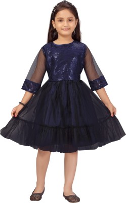 Aarika Girls Midi/Knee Length Party Dress(Dark Blue, 3/4 Sleeve)