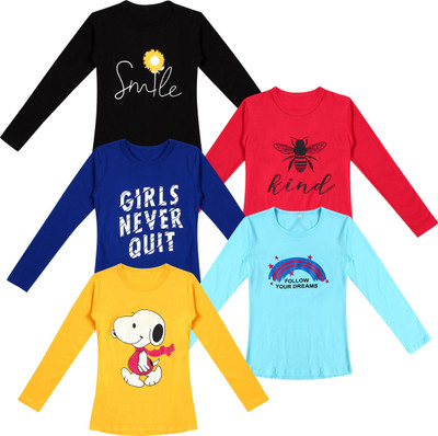 FASHA Girls Graphic Print Pure Cotton Regular T Shirt(Multicolor, Pack of 5)