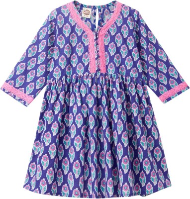 Cub McPaws Girls Geometric Print Flared Kurta(Blue)